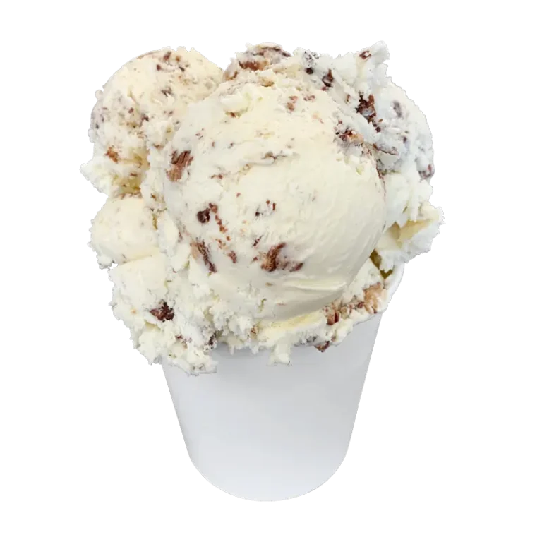 Coconut chunk ice cream with chocolate flakes and swirls of peanut butter