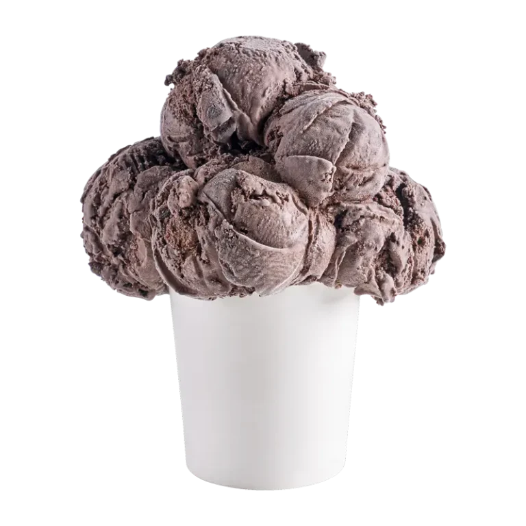 Rich chocolate ice cream with chunks of chocolate fudge chip brownie, chocolate truffle and a swirl of chocolate ganache