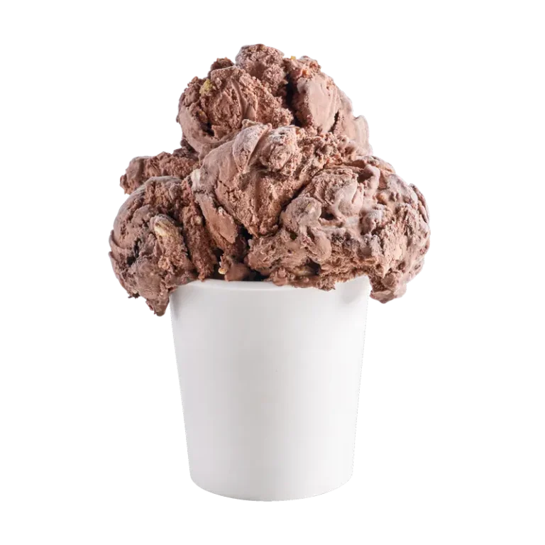 Chocolate ice cream with chunks of New York cheesecake with both graham and chocolate cookie crust chunks and a chocolate fudge swirl