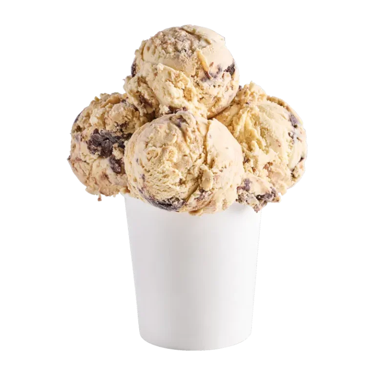 Peanut butter ice cream with chunks of chocolate fudge brownie and peanut butter swirl