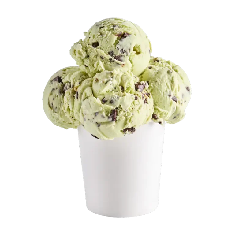 Green mint ice cream with dark chocolate truffle chunks