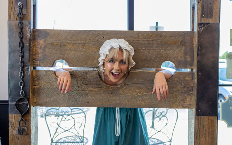 Colonial outfit and themed decor at Brooker's Founding Flavors Ice Cream shop