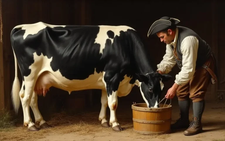 Colonial farmer feeding dairy cow for fresh ice cream milk.